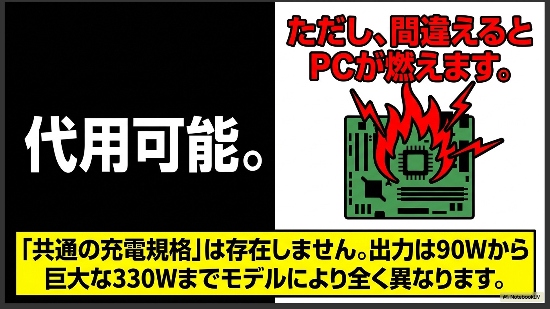 ガレリアには共通の充電規格がないことを説明するスライド。