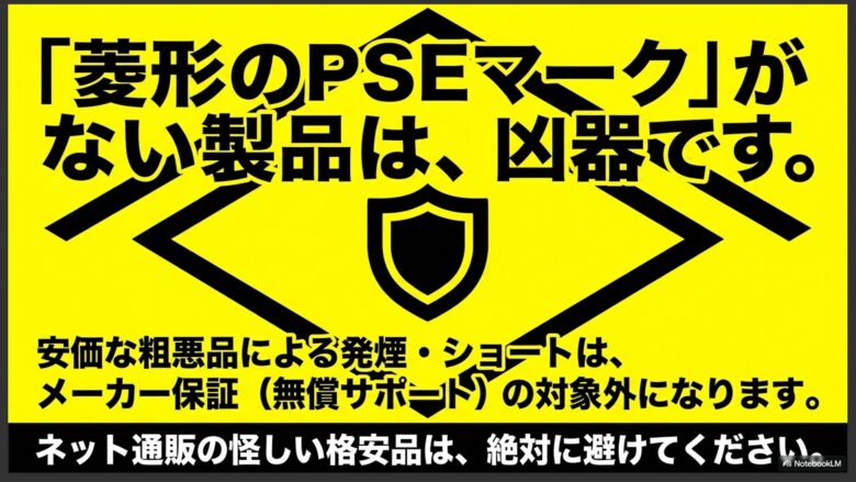 菱形のPSEマークがない安価な粗悪充電器は発煙やショートのリスクがあり、メーカー保証対象外になるため避けるべきだと警告するスライド。