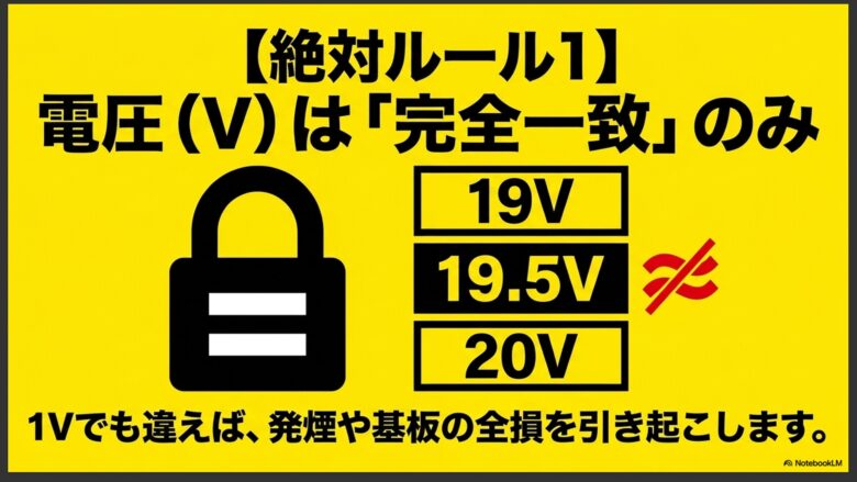充電器代用の絶対ルールとして、電圧(V)は1Vの違いでも基板全損の危険があることを示すスライド。