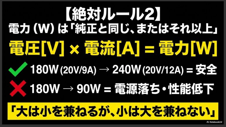 電力(W)は純正と同じかそれ以上が必要であり、大は小を兼ねるが、W数が下回ると電源落ちや性能低下を招くことを説明するスライド。