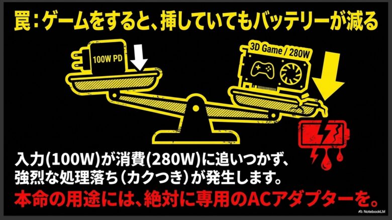 100WのPD充電で3Dゲーム(280W消費等)をすると、入力が消費に追いつかずバッテリーが減り、強烈な処理落ちが発生する罠を説明するスライド。