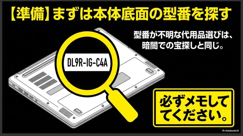 代用充電器を選ぶ前に、ガレリア本体底面の製品ラベルから必ず型番を確認してメモすることを促すスライド。