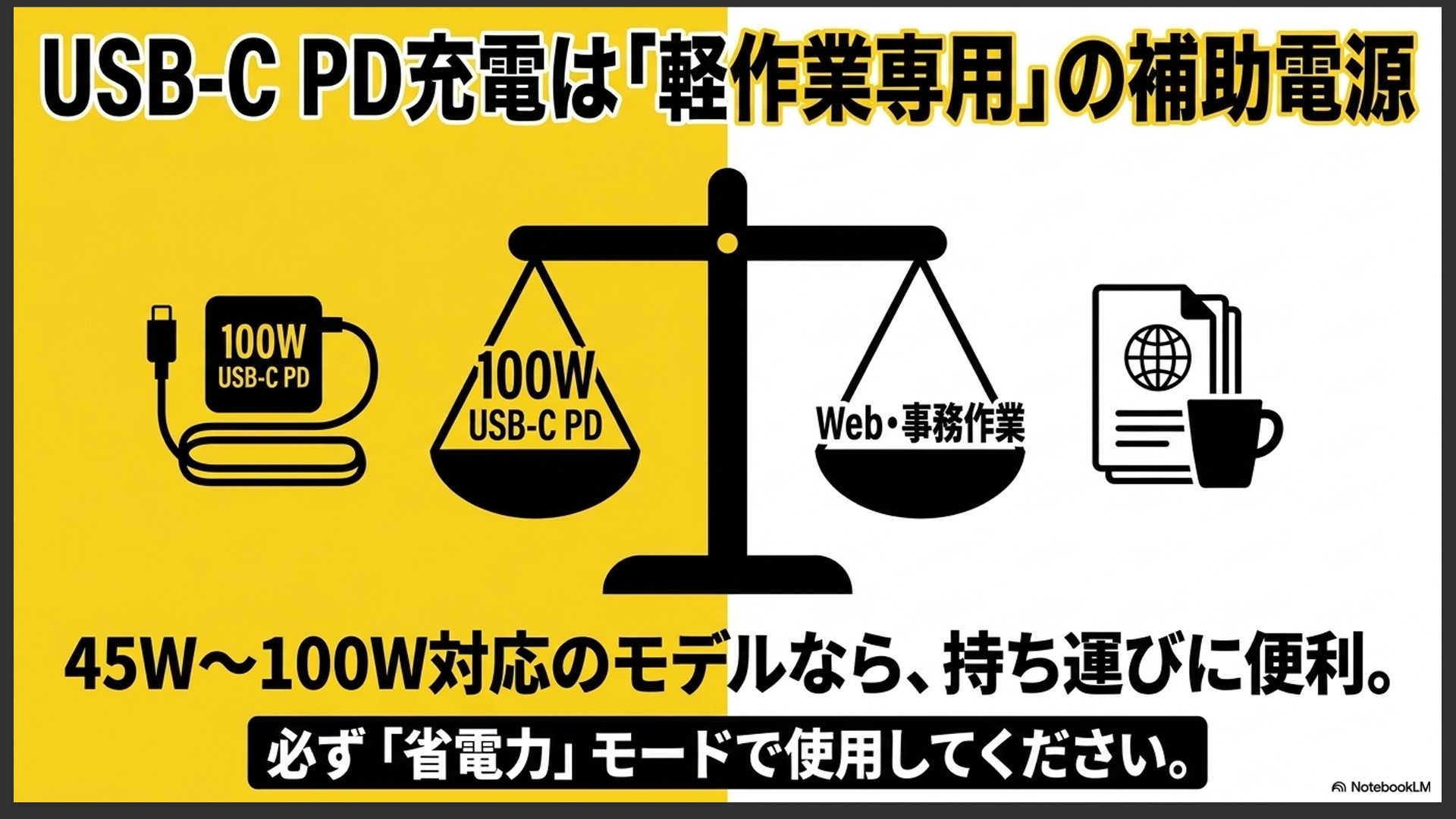 100W対応のUSB-C PD充電は持ち運びに便利だが、Webや事務作業などの「軽作業専用」の補助電源として省電力モードで使うべきことを示すスライド。