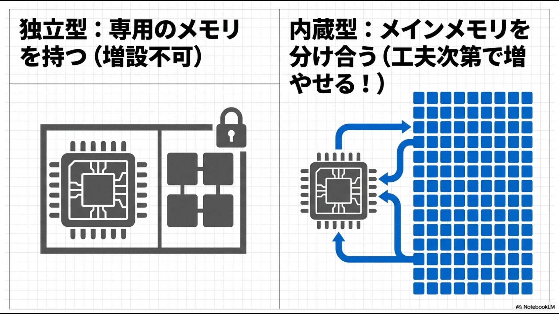 タスクマネージャーのパフォーマンス画面を模したイラスト。「共有GPUメモリ まずは『タスクマネージャー』で確認。『共有』とあれば、増やすチャンスあり!」と書かれたスライド。