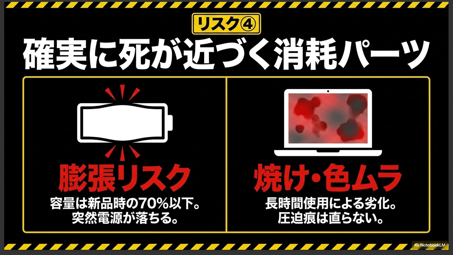 バッテリーの膨張リスク(容量は新品時の70%以下、突然電源が落ちる)と、液晶の焼け・色ムラ(長時間使用による劣化、圧迫痕は直らない)を説明するスライド