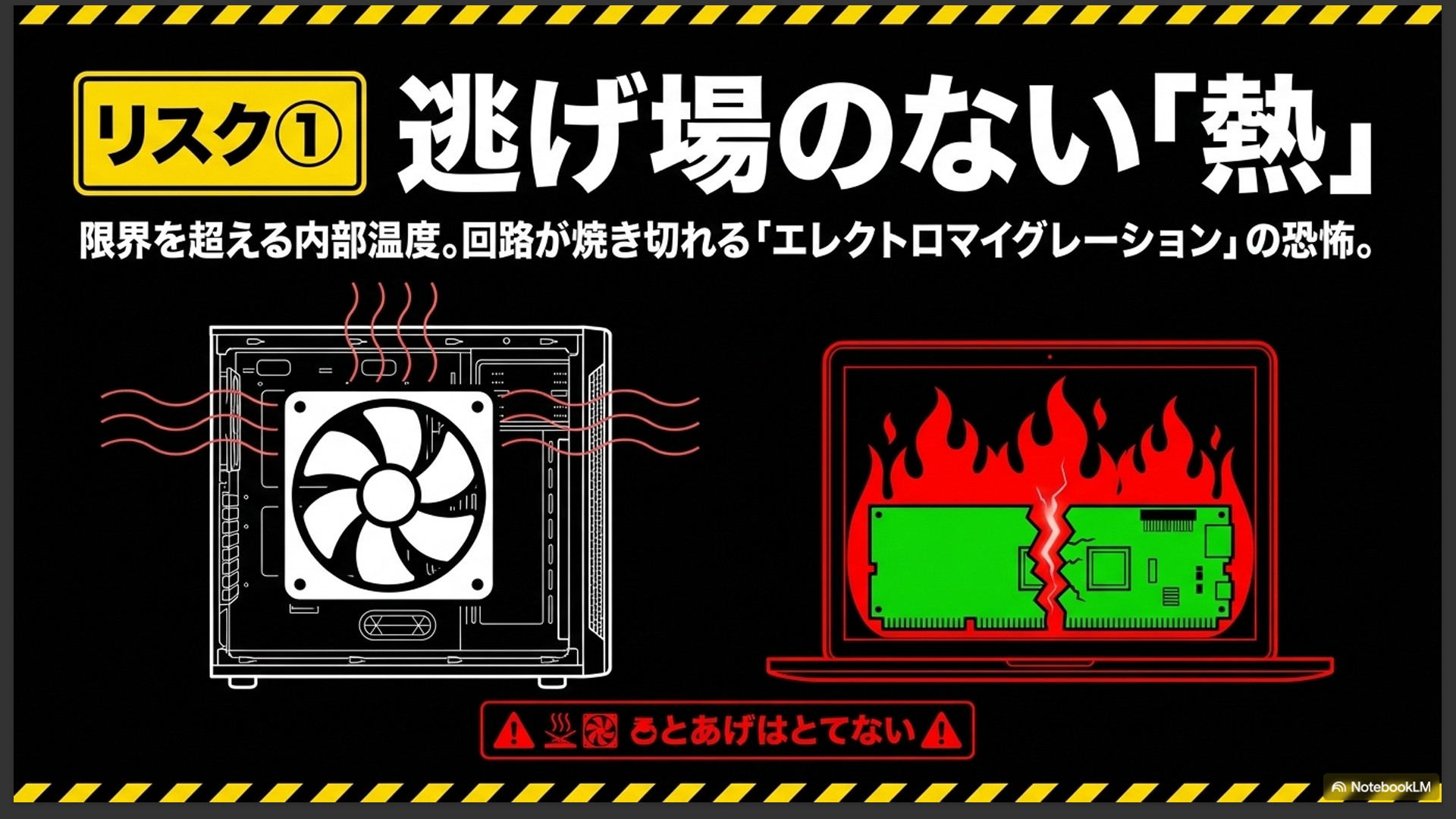 パソコンの冷却ファンと、炎の中で回路基板が真っ二つに焼き切れるイラスト、逃げ場のない熱、エレクトロマイグレーションの恐怖と書かれたスライド