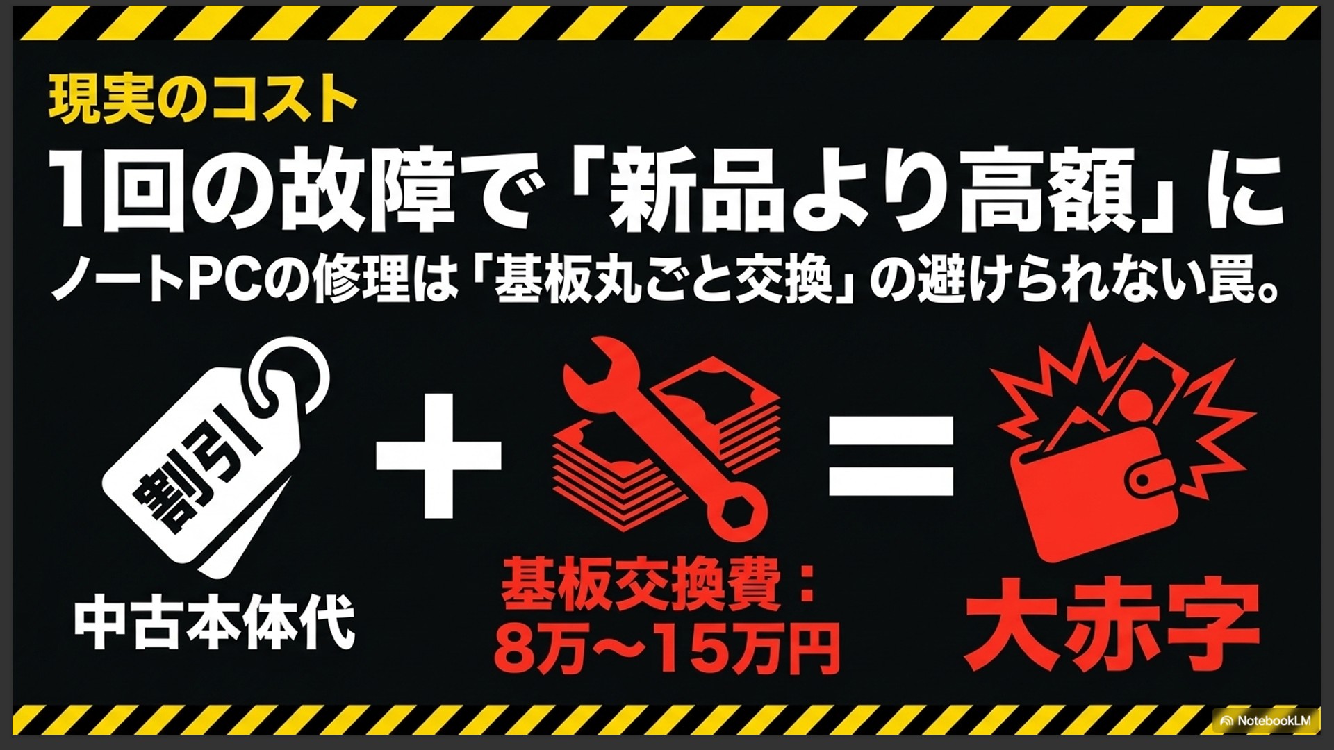 割引された中古本体代に、基板交換費8万から15万円がプラスされ、結果的に大赤字(新品より高額)になることを示すイラストスライド