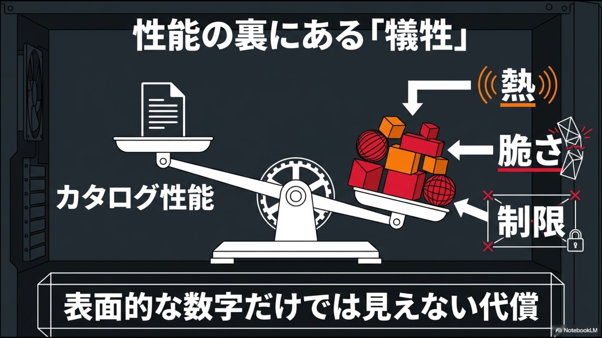 天秤の左側に「カタログ性能」、右側に「熱」「脆さ」「制限」という重りが載り、表面的な数字だけでは見えない代償を表現したスライド画像。