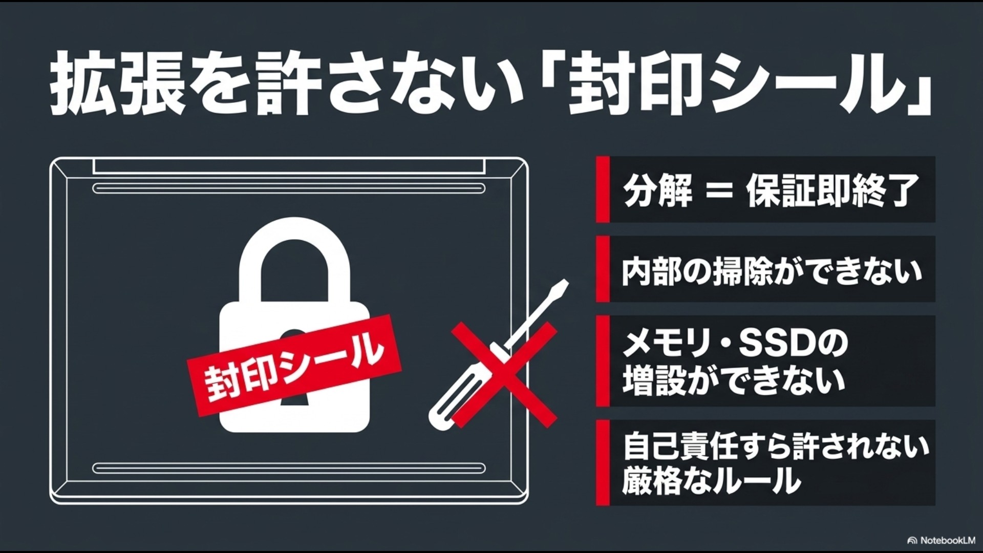 ノートPCの裏蓋に貼られた「封印シール」のイラスト。分解すると保証が即終了し、メモリ・SSDの増設や内部掃除ができない厳格なルールを説明するスライド画像。