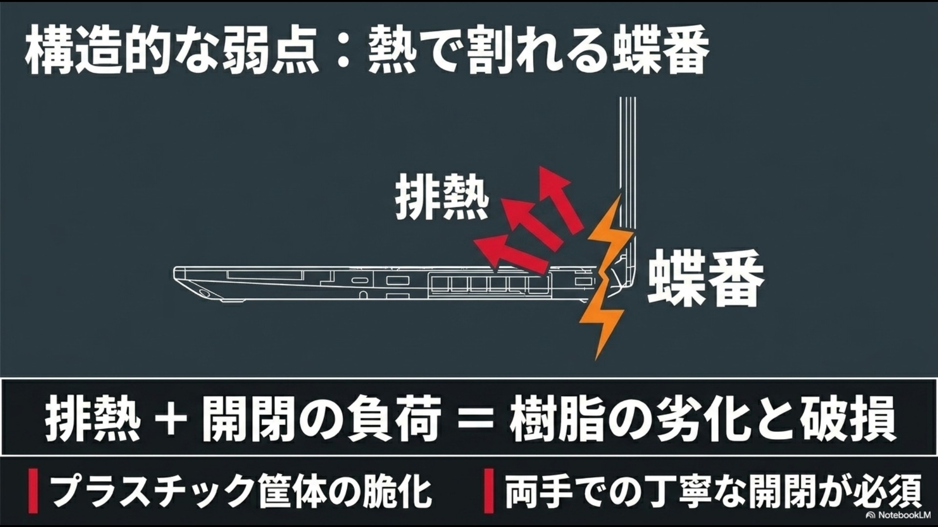 排熱と開閉の負荷が重なることで、プラスチック筐体が脆化しヒンジ(蝶番)が破損する構造的な弱点を説明したスライド画像。