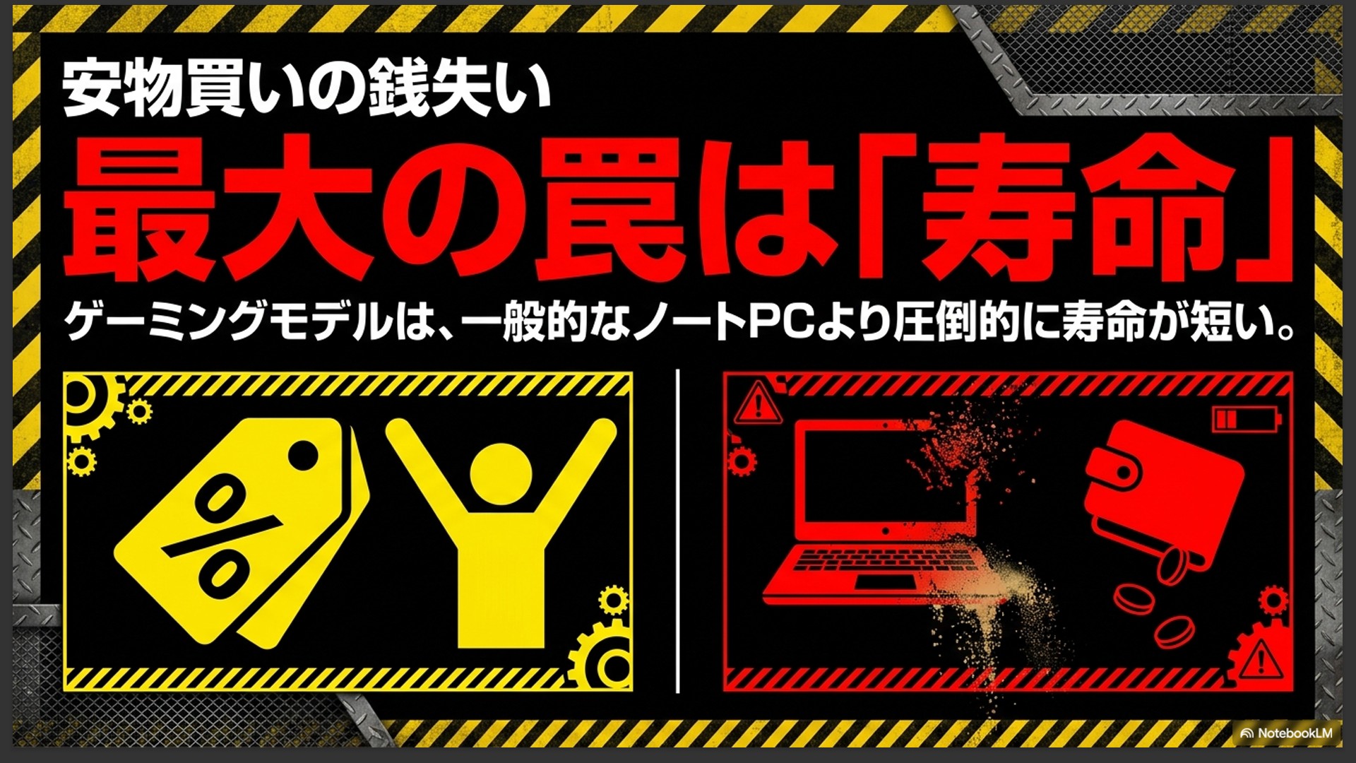 割安のタグと喜ぶ人のイラストから、壊れたノートPCと財布からお金が出ていくイラストへ変わり、安物買いの銭失い、最大の罠は寿命と書かれたスライド