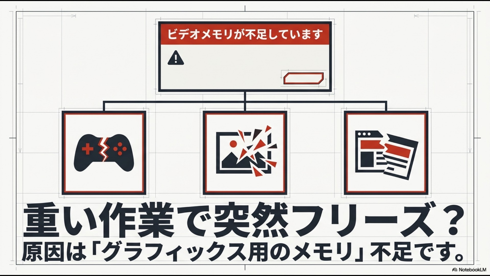 「ビデオメモリが不足しています」「重い作業で突然フリーズ? 原因は『グラフィックス用のメモリ』不足です。」というテキストと、警告マーク、Aボタンのアイコンが並んだスライド。