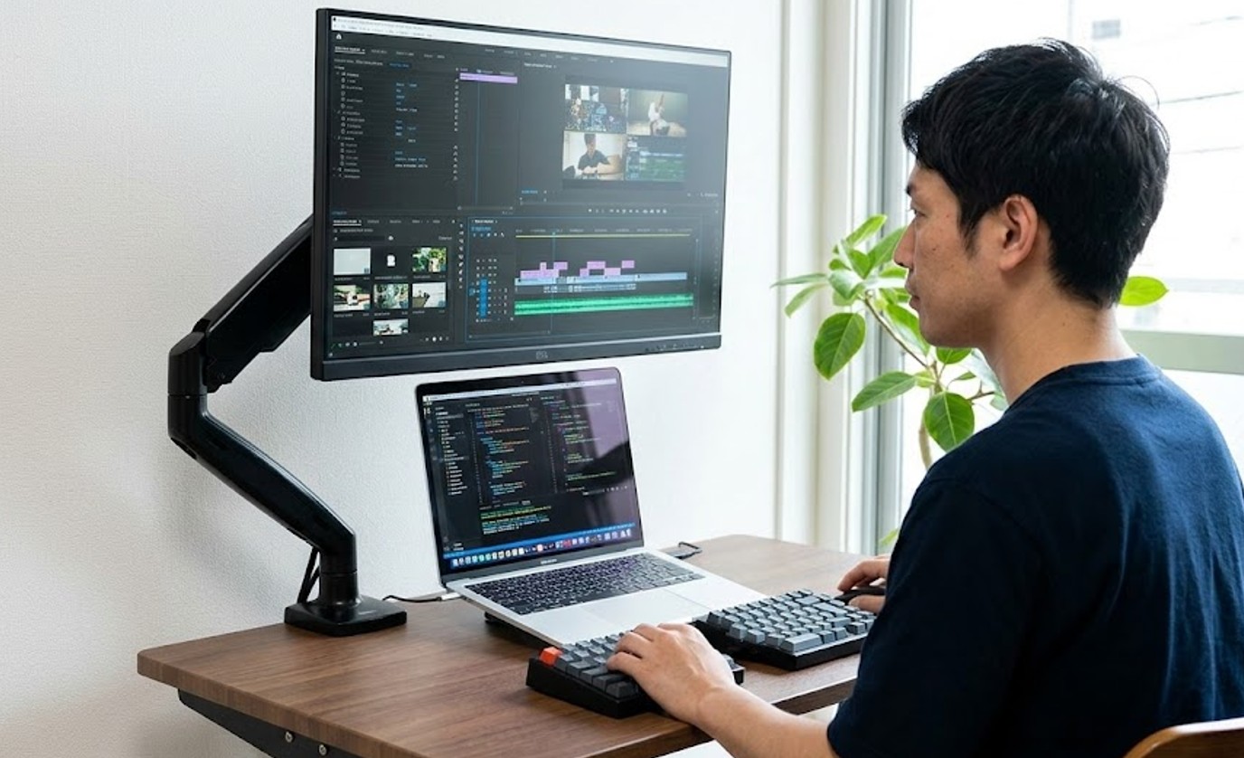 上下配置で首の疲れを軽減するエルゴノミクス