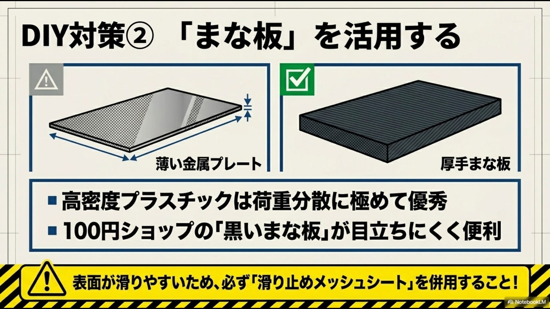 薄い金属プレートと厚手まな板の荷重分散比較。薄い金属プレートと厚手のまな板を比較したイラスト。