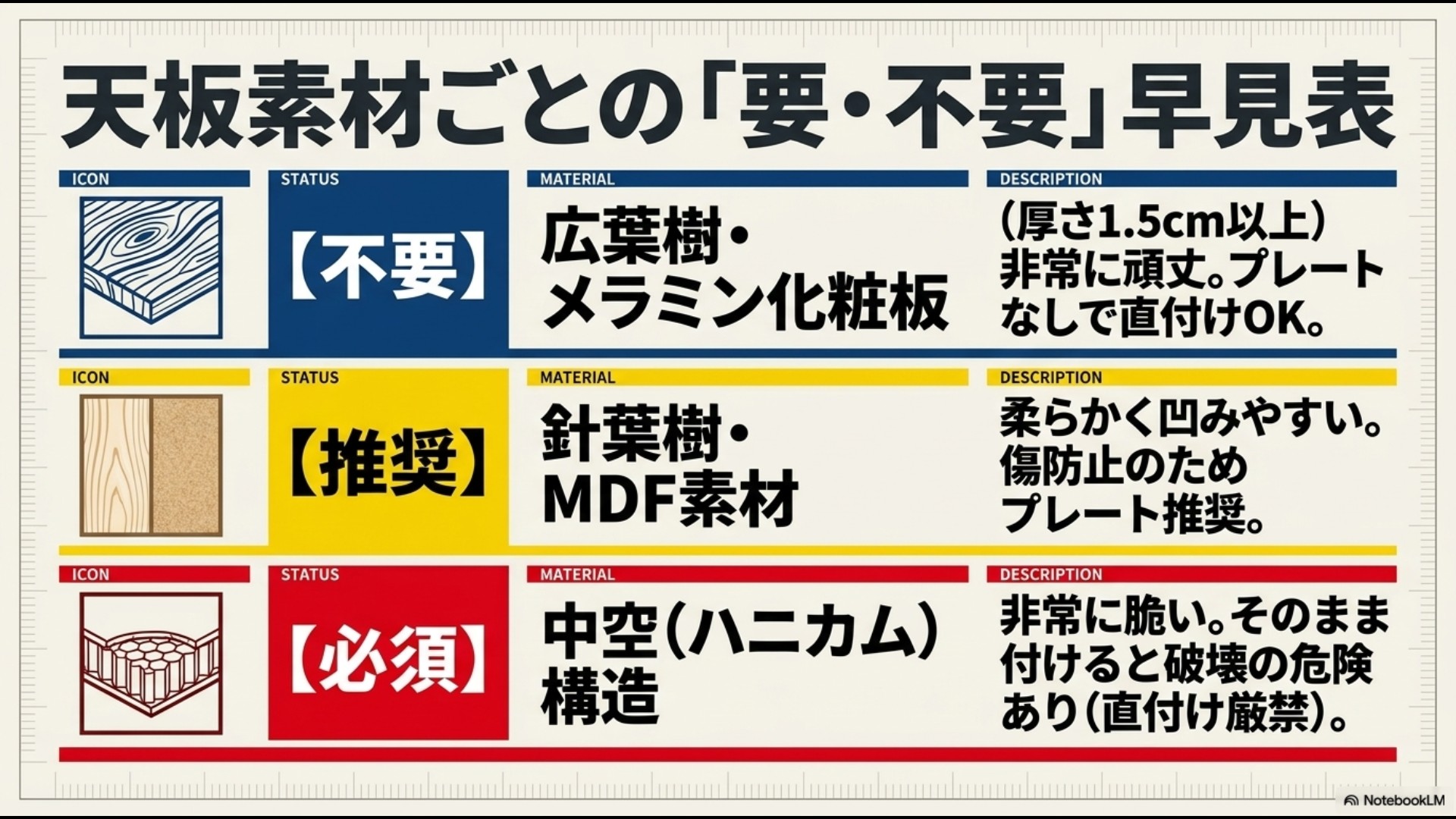 デスク天板の素材別・補強プレート必要度早見表