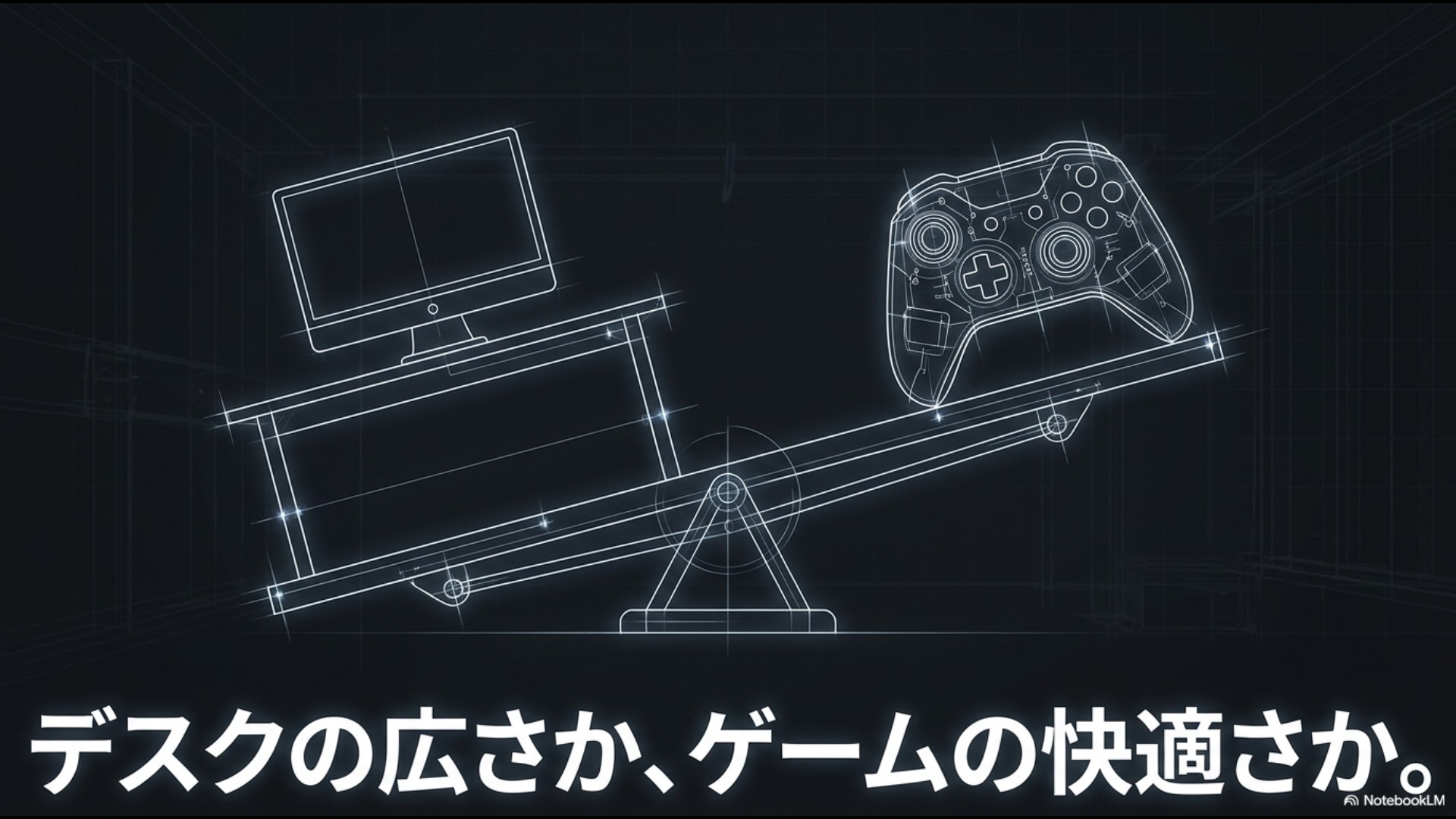 天秤の左側にデスク、右側にゲームコントローラーが乗っているイラストと「デスクの広さか、ゲームの快適さか。」というテキストのスライド