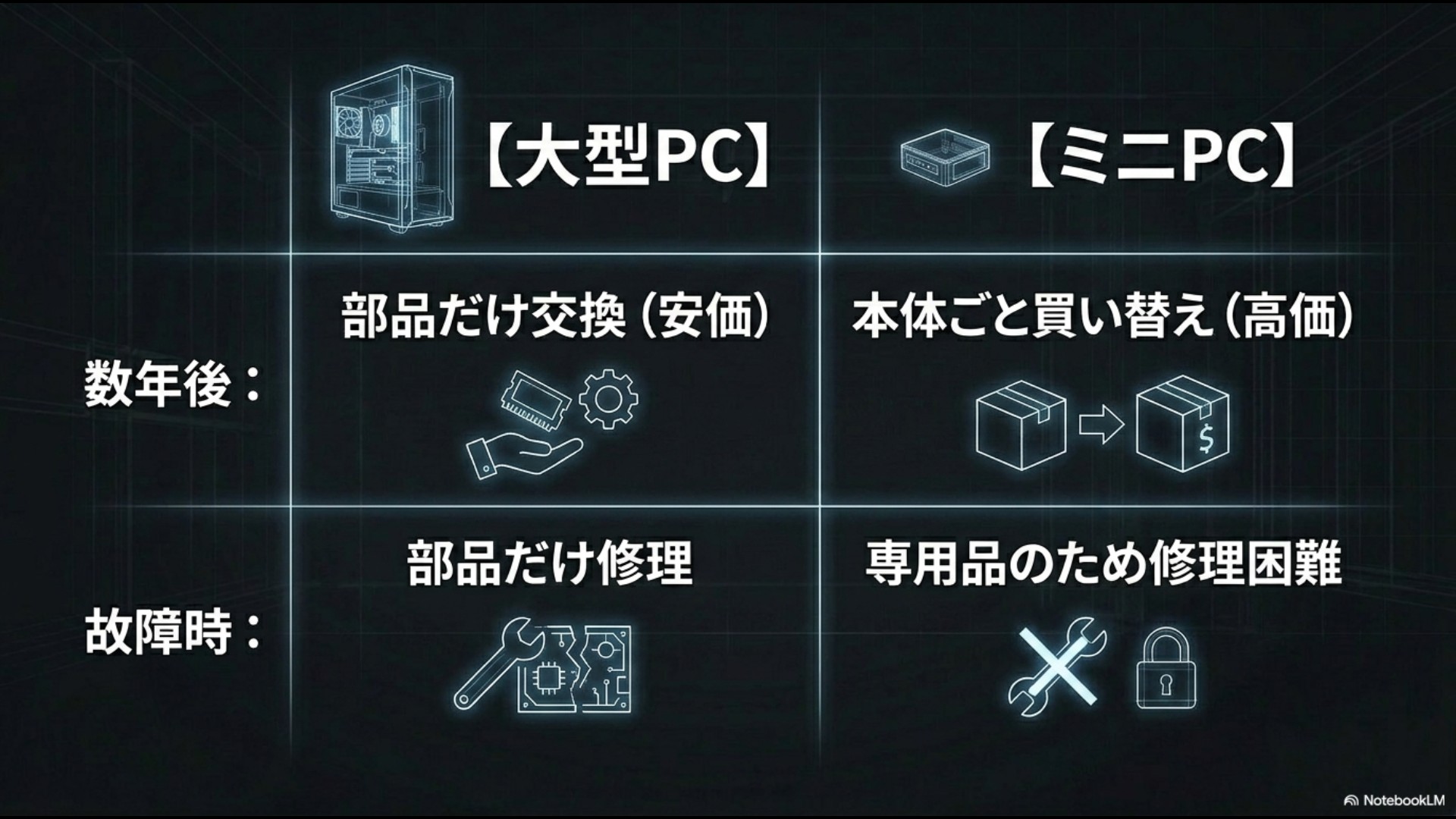 大型PCとミニPCを比較し、数年後の部品交換(安価)と本体ごと買い替え(高価)、故障時の部品だけ修理と専用品のため修理困難の違いを説明するスライド