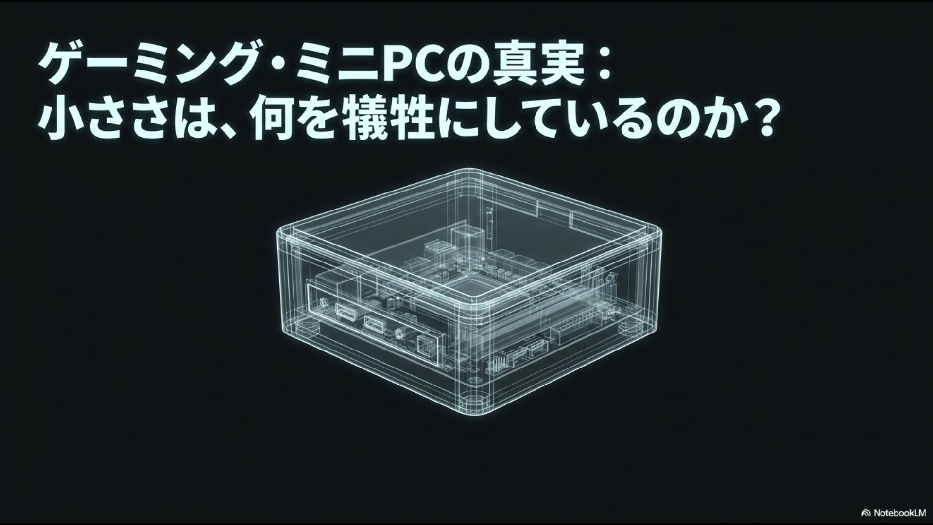 ゲーミングミニPCのワイヤーフレーム画像と「ゲーミング・ミニPCの真実:小ささは、何を犠牲にしているのか?」というタイトルのスライド