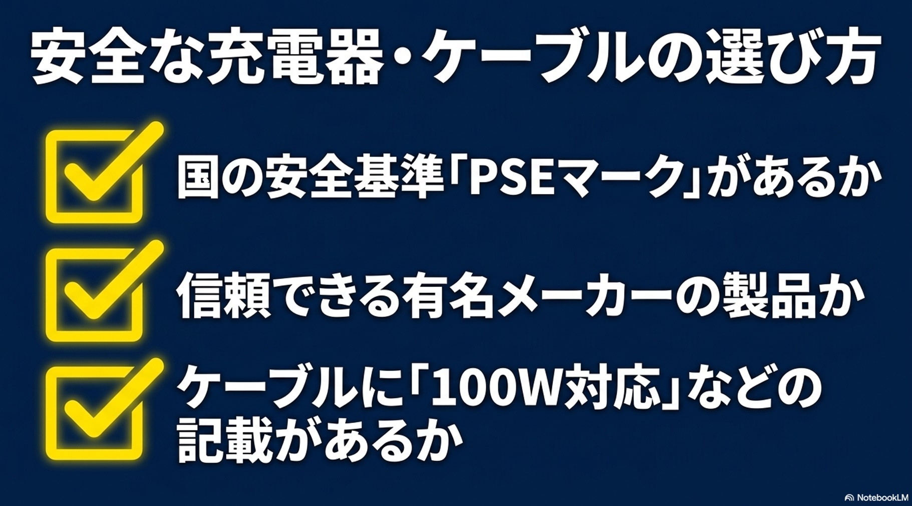 安全な充電器やケーブルを選ぶ基準として、PSEマークの有無、信頼できるメーカーか、ケーブルに100W対応等の記載があるかを示す黄色いチェックマークのスライド 。