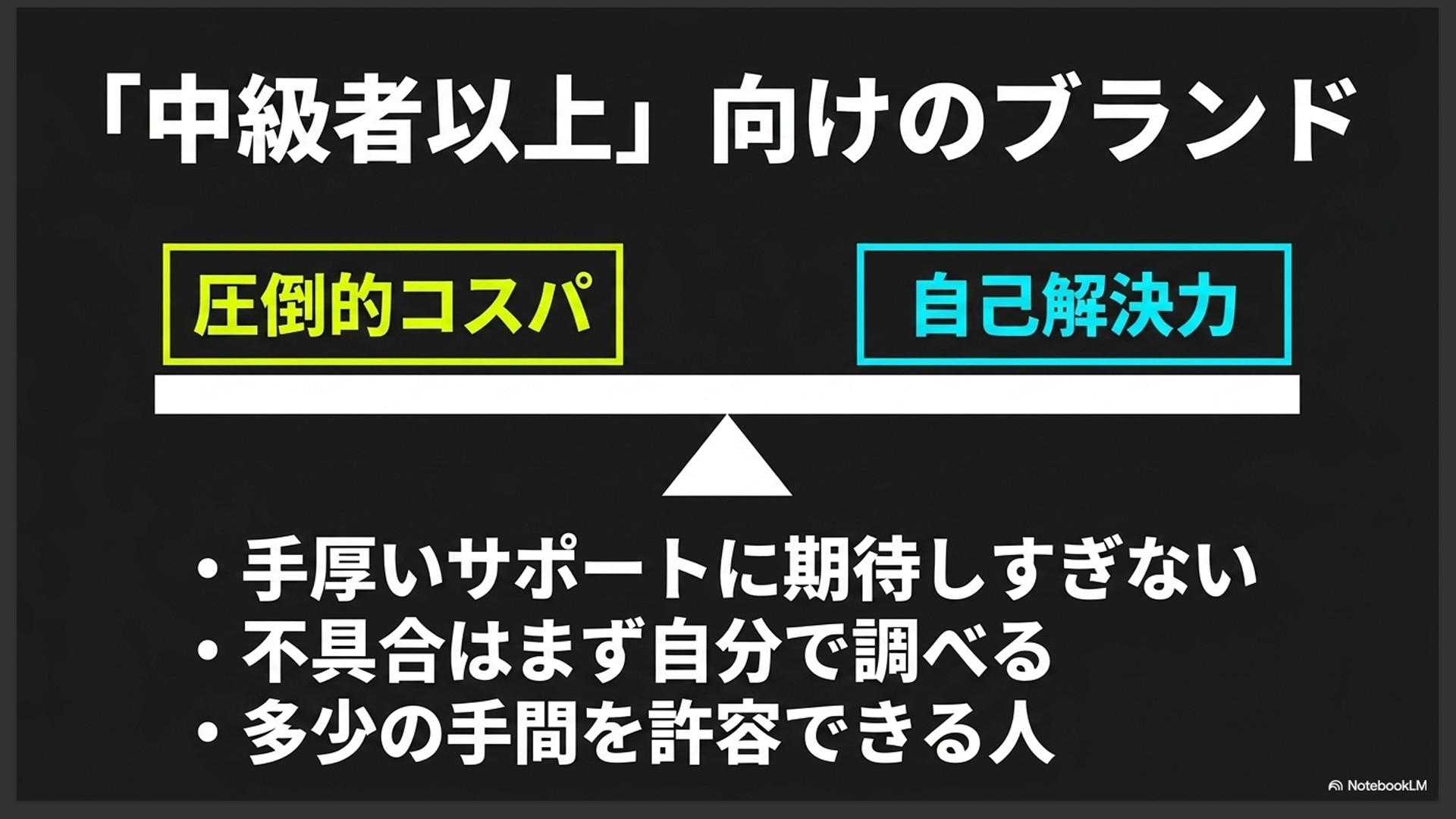 手厚いサポートに期待しすぎず、不具合はまず自分で調べ、多少の手間を許容できる中級者以上向けのブランドであることを示すMDLのスライド