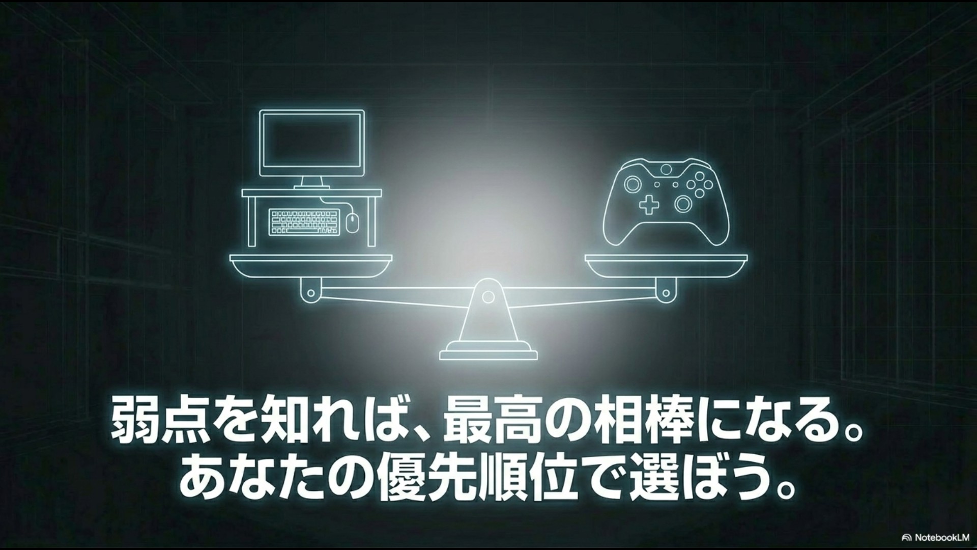 天秤の上にデスクとゲームコントローラーが綺麗にバランスを保って乗っているイラストと「弱点を知れば、最高の相棒になる。あなたの優先順位で選ぼう。」というテキストのスライド