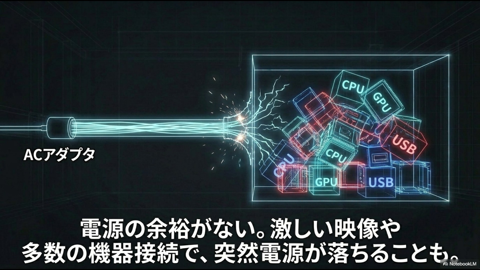 ACアダプタからCPU、GPU、USBへ電力を分配するイラストと、「電源の余裕がない。激しい映像や多数の機器接続で、突然電源が落ちることも」というテキストのスライド