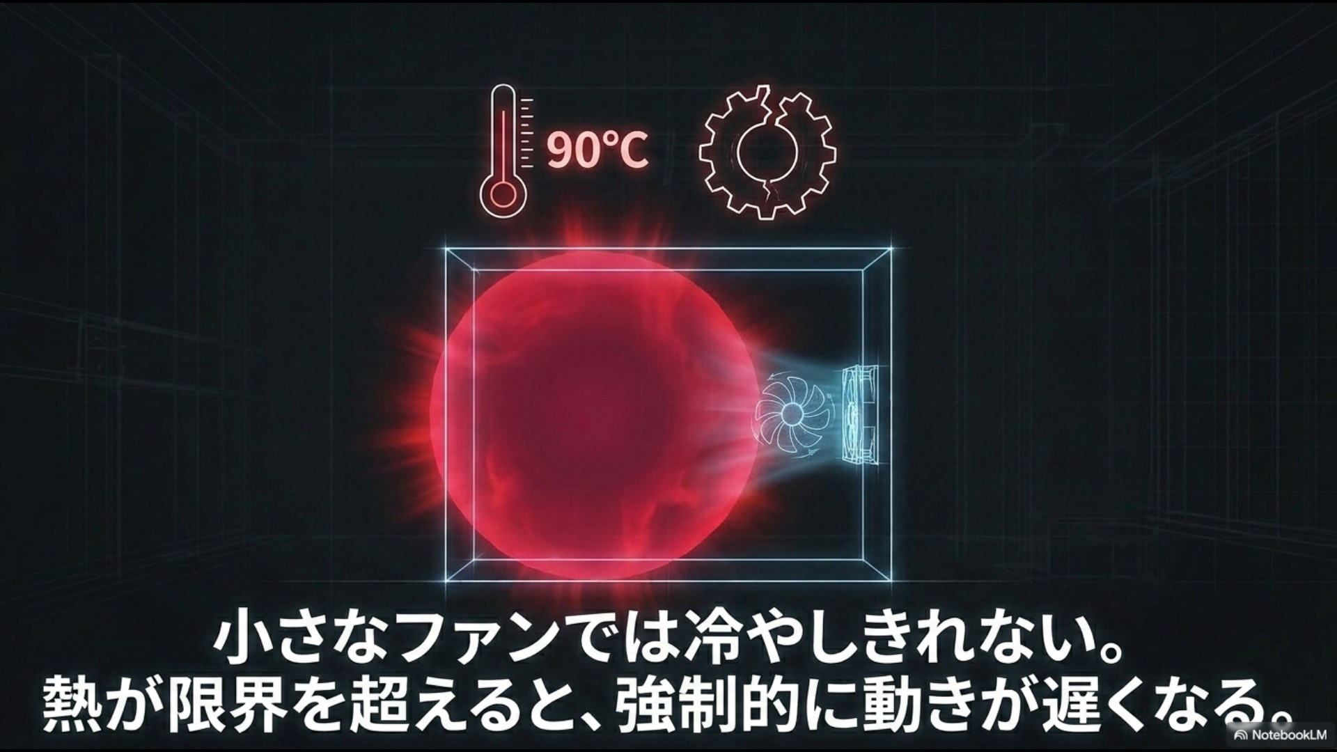 「90℃」の表示とミニPCのファン、グラフのイラスト。「小さなファンでは冷やしきれない。熱が限界を超えると、強制的に動きが遅くなる。」という解説テキストのスライド