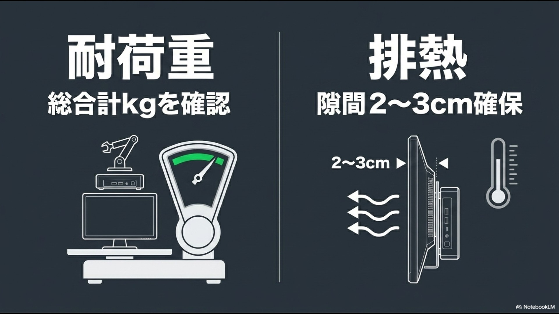 モニターアーム等の耐荷重の合計kgを確認するイメージと、排熱のためにミニPCとモニターの間に2〜3cmの隙間を確保することを示す解説図