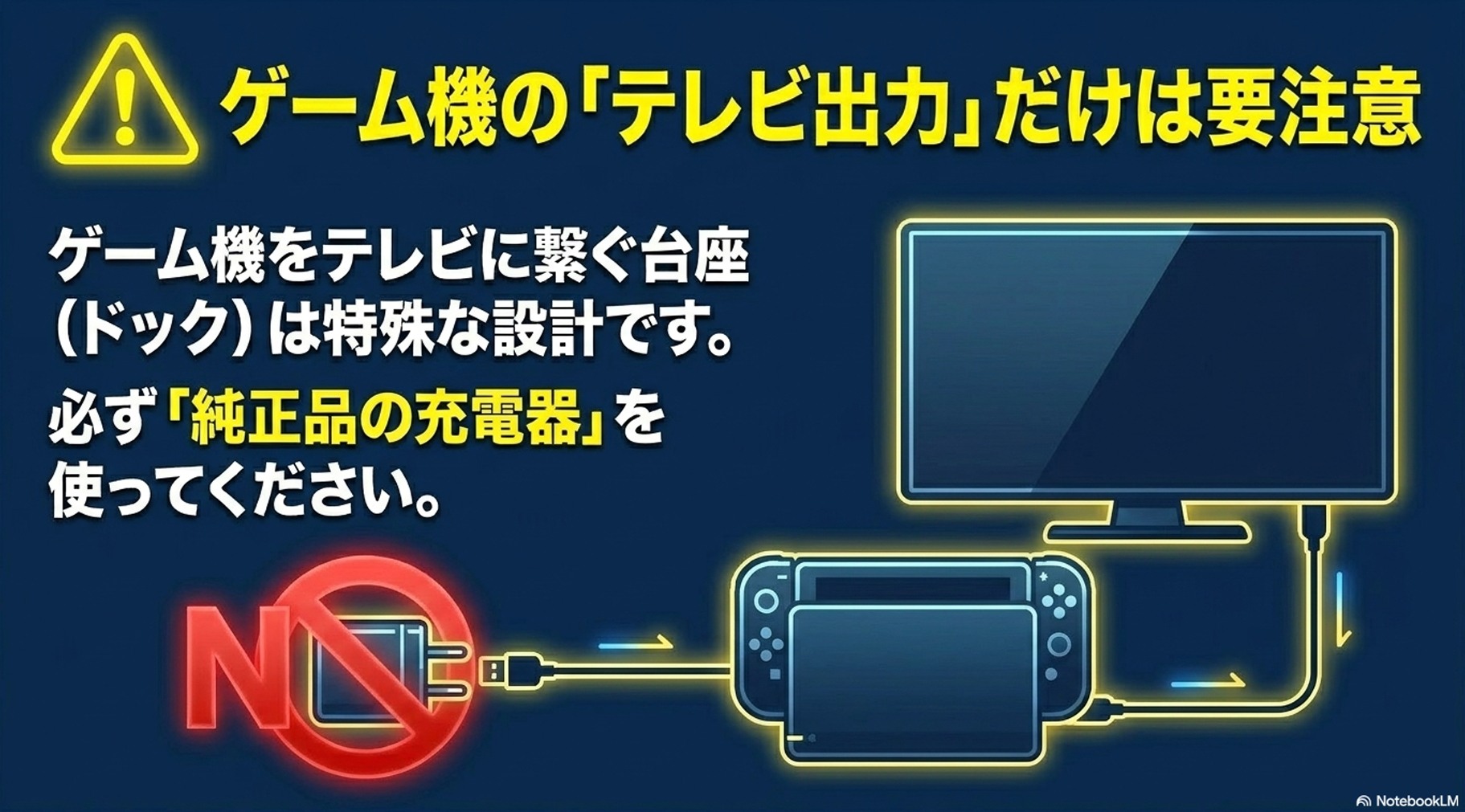 任天堂スイッチをテレビに繋ぐドックは特殊な設計のため、必ず純正品の充電器を使うよう注意を促す案内スライド 。