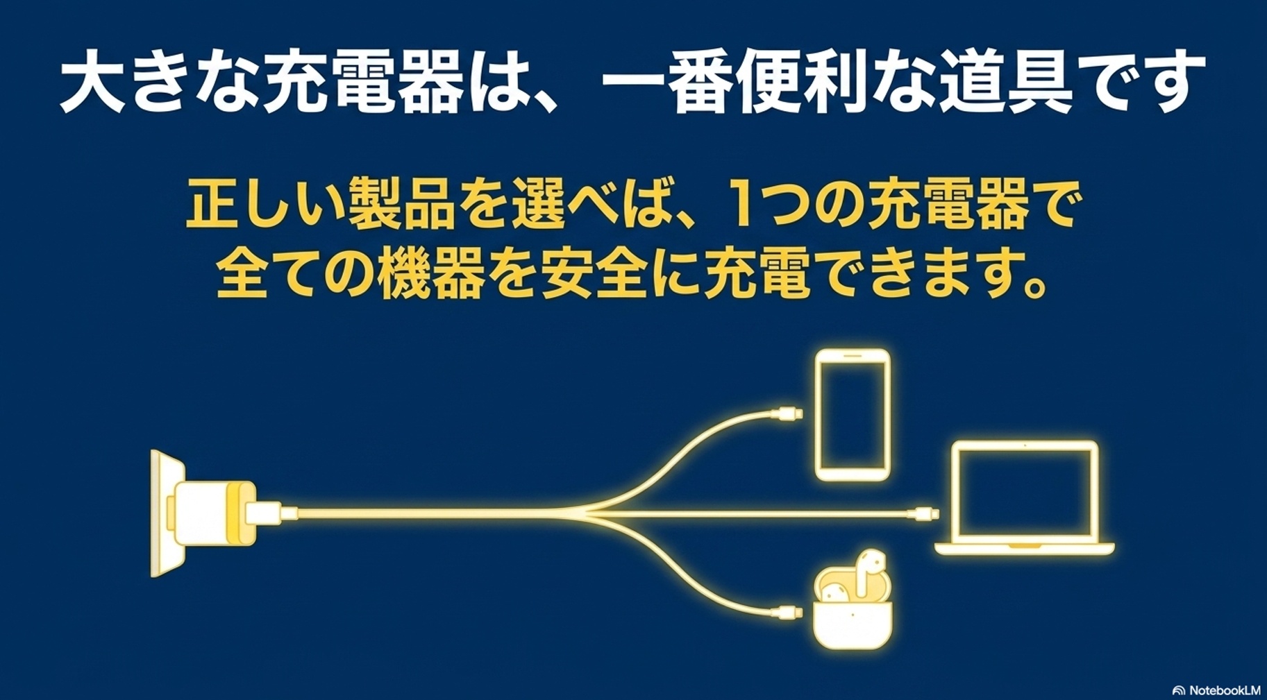 1台の大きな充電器からすべての機器に充電しているイラスト 。