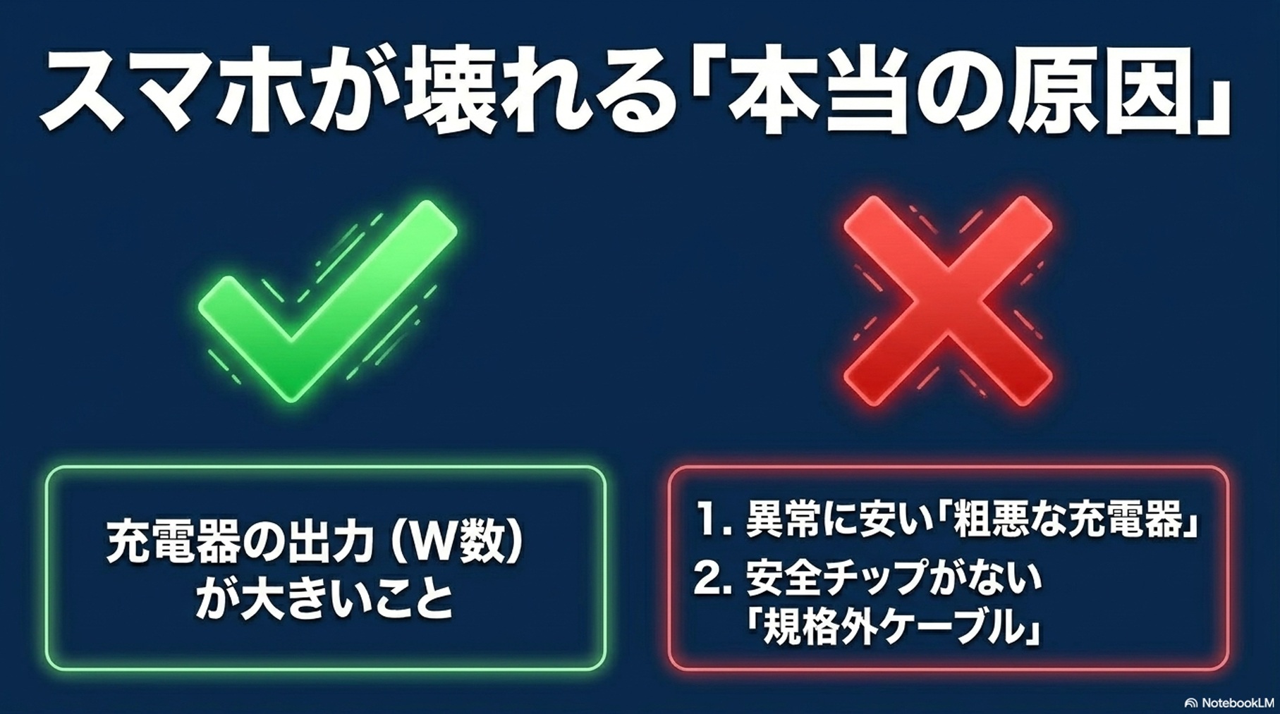 スマホが壊れる本当の原因は「充電器の出力が大きいこと」ではなく「異常に安い粗悪な充電器」や「安全チップがない規格外ケーブル」であることを示すスライド 。