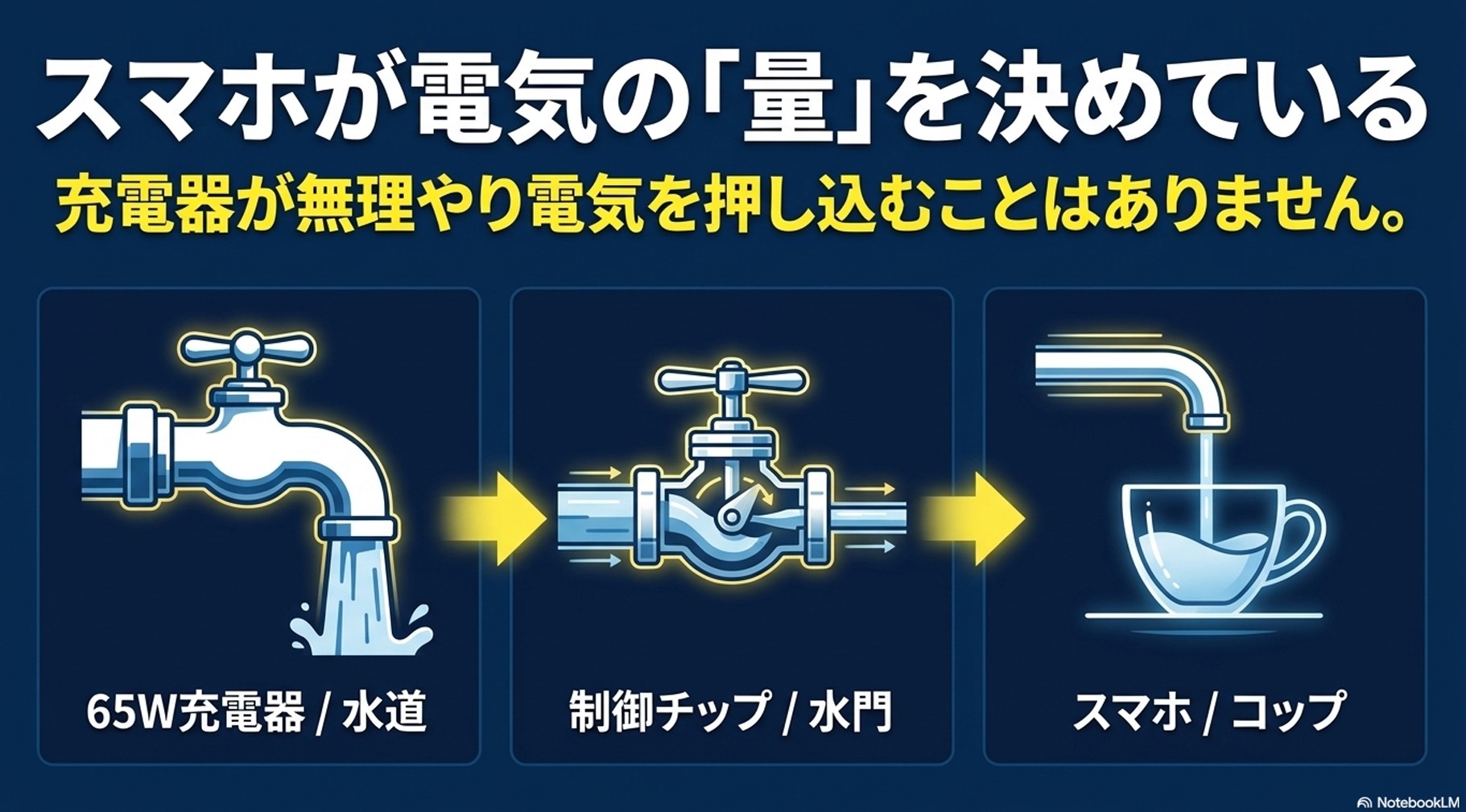 充電器とスマホが接続された瞬間に「少しだけ電気をください」「わかりました、送ります」と合意形成(ネゴシエーション)を行う仕組みの図解 。