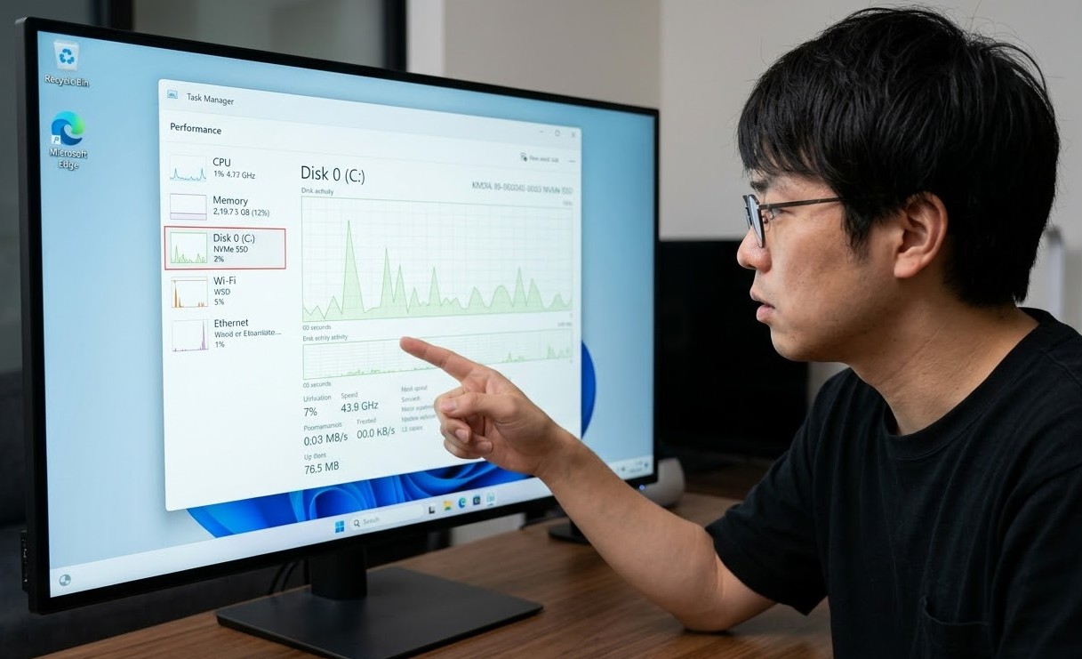 タスクマネージャーでディスクの種類を調べる