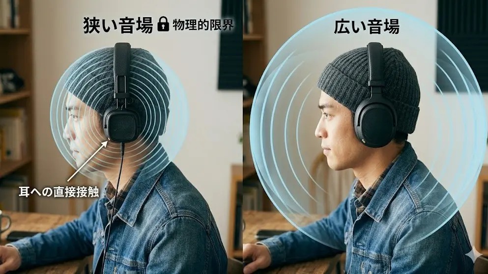 オンイヤー型構造による狭い音場と物理的限界