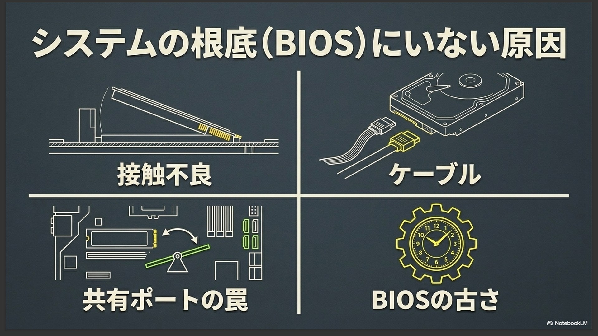システムの根底(BIOS)で認識しない原因として、接触不良、ケーブル問題、共有ポート(排他仕様)の罠、BIOSの古さの4つを挙げたトラブルシューティングのイラスト。