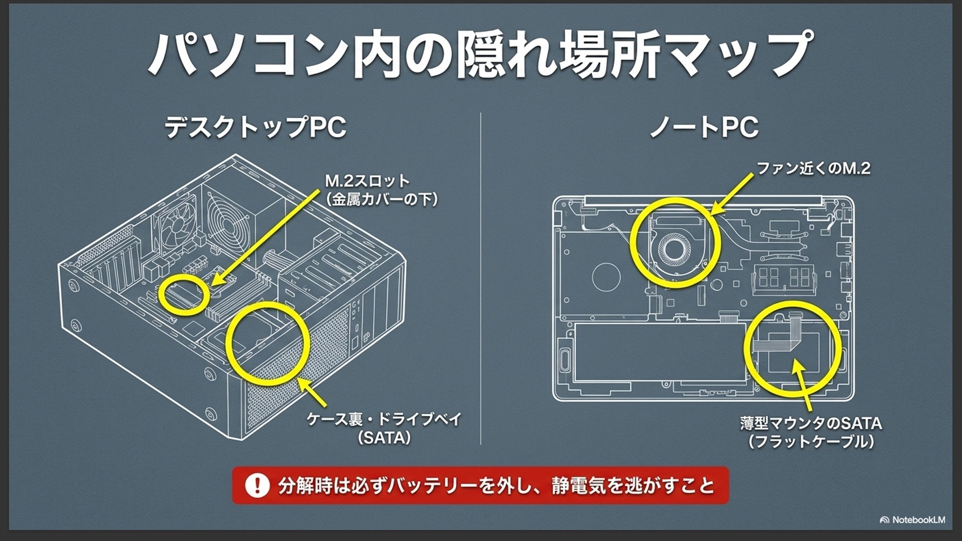 デスクトップPCの金属カバー下のM.2スロットとケース裏ドライブベイ、ノートPCのファン近くのM.2と薄型マウンタSATAの位置を黄色い丸枠で示した内部マップ。
