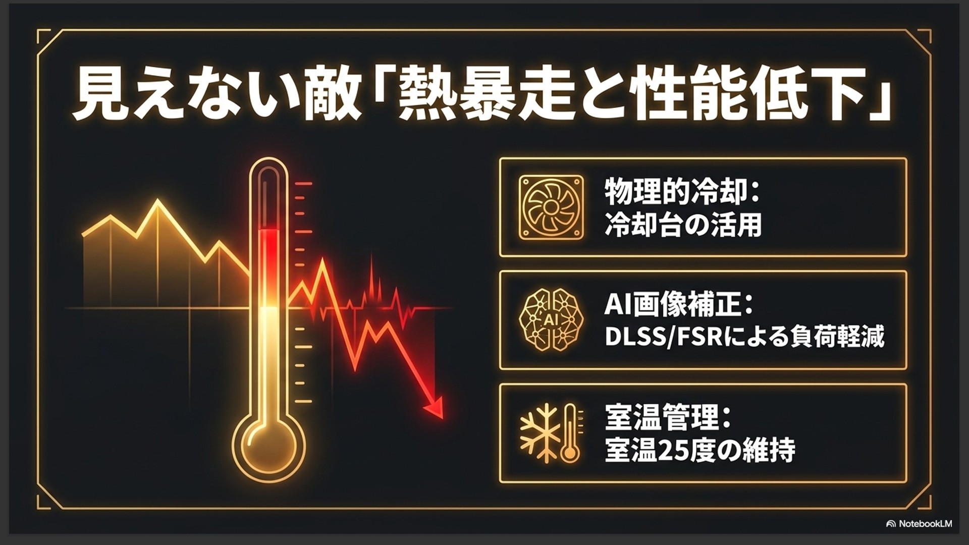 ゲーム内のDLSS/FSR設定を有効にして画質を維持しつつグラボの負荷・発熱を下げる方法と、ノートPCスタンドで底面の吸気を確保する冷却のコツを解説したスライド