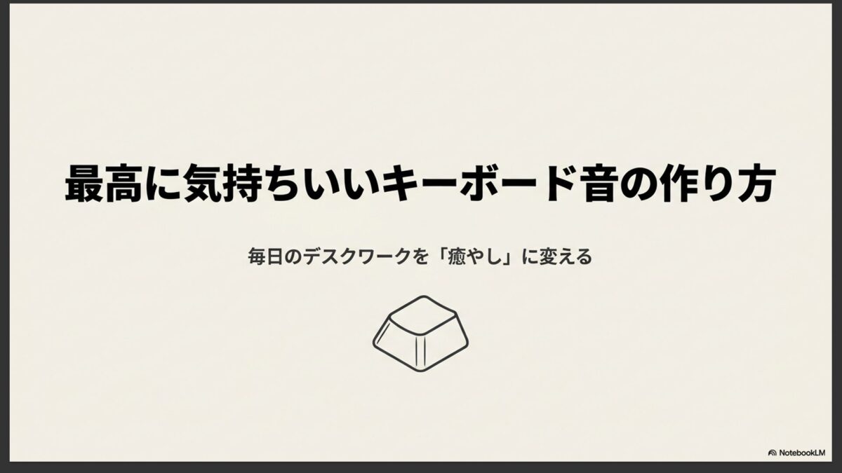 「最高に気持ちいいキーボード音の作り方」「毎日のデスクワークを『癒やし』に変える」というタイトルが書かれた、本資料の表紙スライド 。