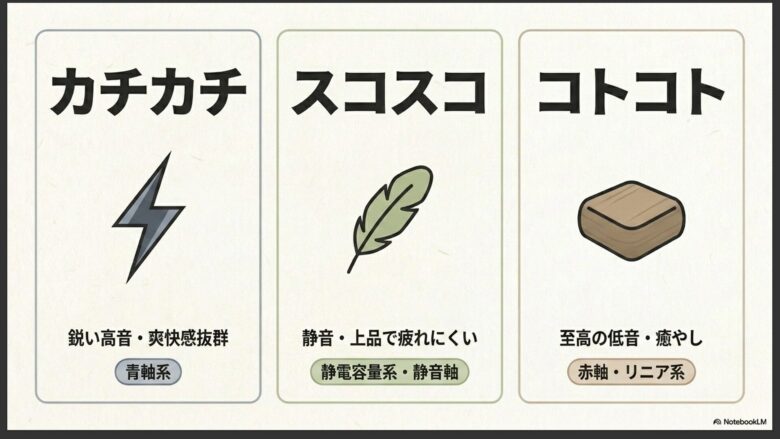 鋭い高音で爽快感抜群の「青軸系(カチカチ)」、静音・上品で疲れにくい「静電容量系・静音軸(スコスコ)」、至高の低音で癒やし効果のある「赤軸・リニア系(コトコト)」の3系統の特性を比較したスライド。