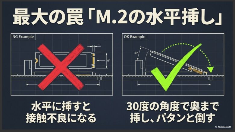 M.2 SSDを水平(0度)に挿すと接触不良になるNG例と、30度の角度で奥まで挿してからパタンと倒すOK例を比較した断面図解。