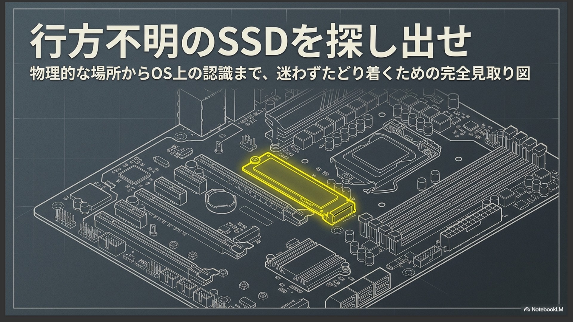 デスクトップPCのマザーボード上に配置された、細長いM.2 SSDの取り付け位置を黄色い枠で強調したイラスト図解。
