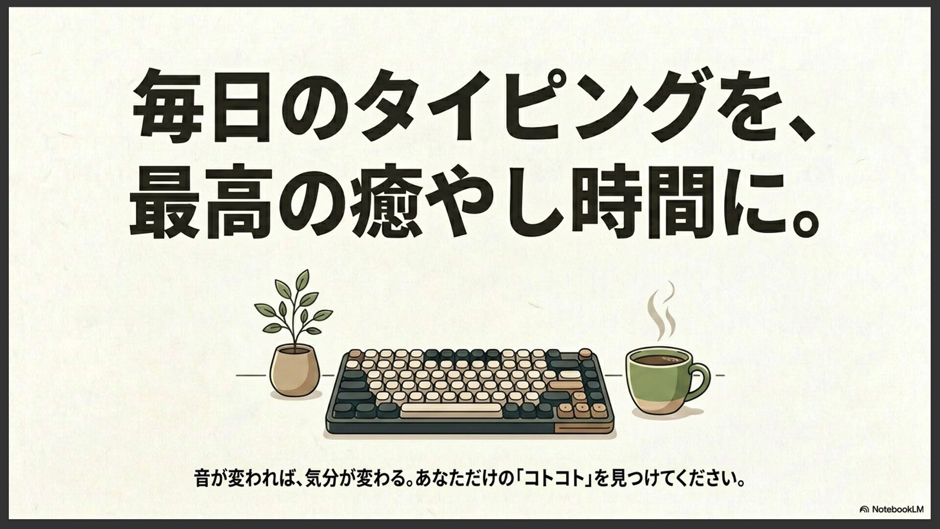 デスクの上に置かれたお洒落なメカニカルキーボード、観葉植物、そして湯気が立つコーヒーカップが描かれたイラスト。「毎日のタイピングを、最高の癒やし時間に。音が変われば、気分が変わる。」というメッセージが込められたまとめのスライド。