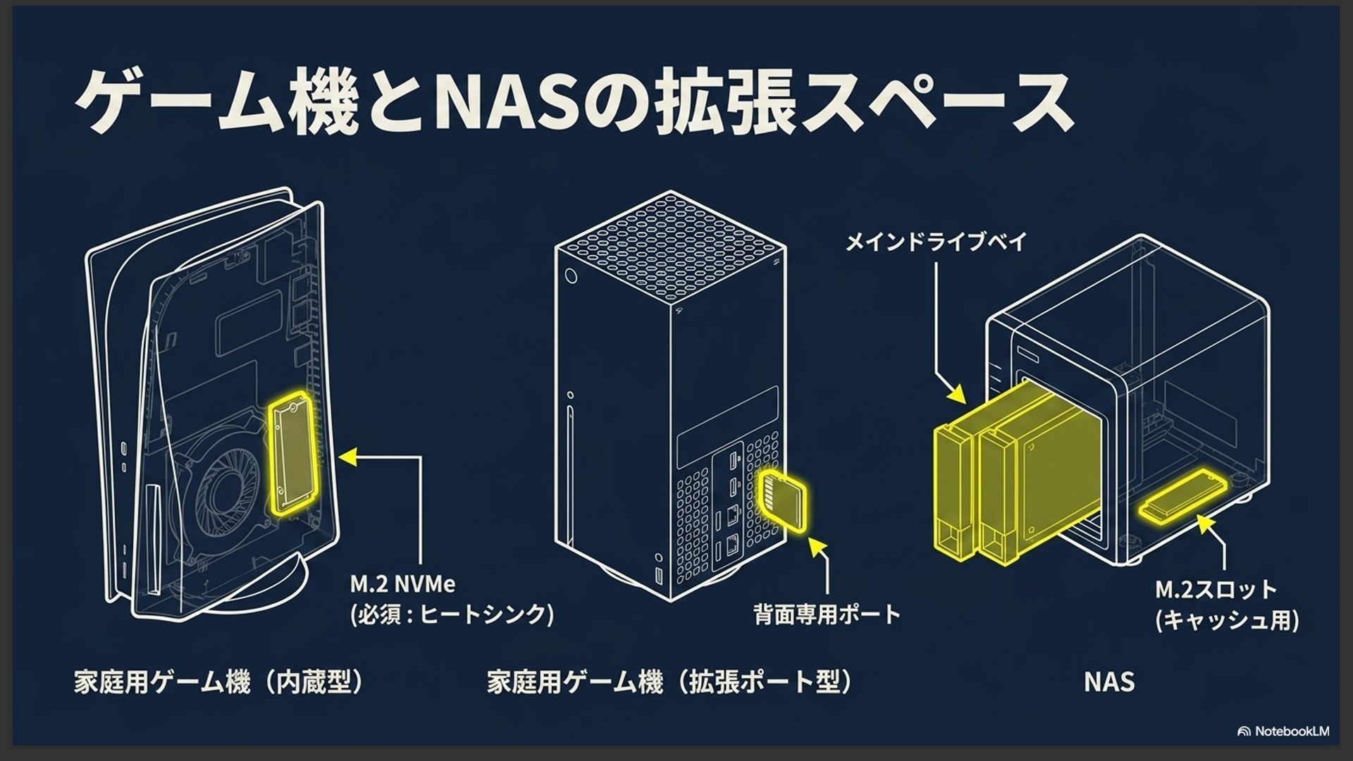 PS5の内蔵型M.2 NVMe(ヒートシンク必須)、Xboxの背面専用拡張ポート、NASのメインドライブベイとキャッシュ用M.2スロットの位置を示したイラスト。