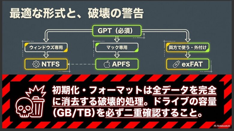 パーティションスタイルはGPT(必須)、ファイルシステムはWindows専用(NTFS)、Mac専用(APFS)、両方・外付け(exFAT)の選択基準と、全データ消去の破壊的処理に対する注意喚起の図解。