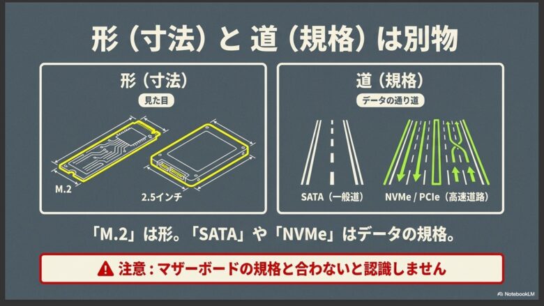 M.2と2.5インチという「見た目の形」と、一般道に例えたSATA・高速道路に例えたNVMe/PCIeという「データの通り道(規格)」は別物であることを説明した分かりやすい比較図。